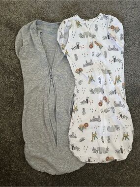 Neutral Gray Zip Swaddle + White Safari Print Sleep Sack Set